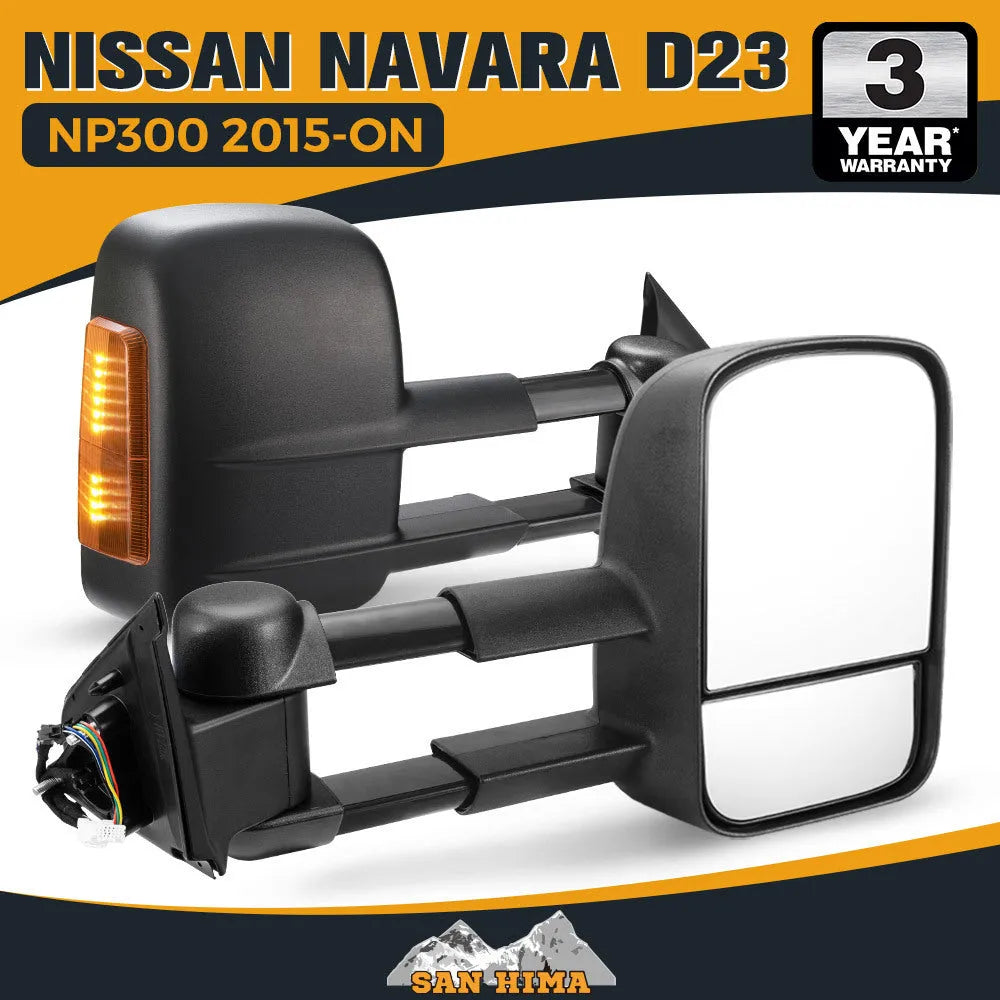 Black electric exterior rear view mirror for Nissan NP300 D23 2015 model with integrated light.