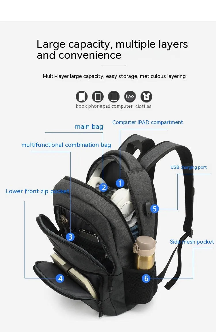 Grey lightweight nylon backpack with USB charging port shown on a trolley suitcase.