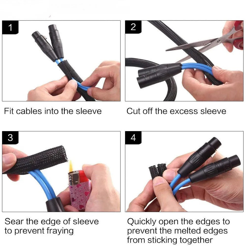 Opening self-winding black polyester mesh sleeve for automotive wire protection with VW-1 fire rating