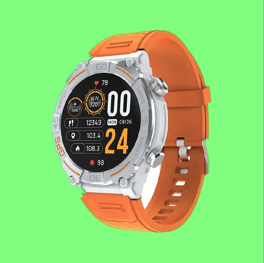 MG02 smartwatch with Bluetooth calling and health monitoring functions in black, khaki or silver orange colours
