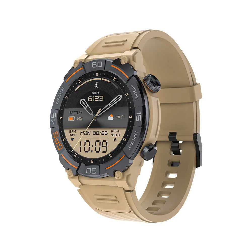 MG02 smartwatch with Bluetooth calling and health monitoring functions in black, khaki or silver orange colours