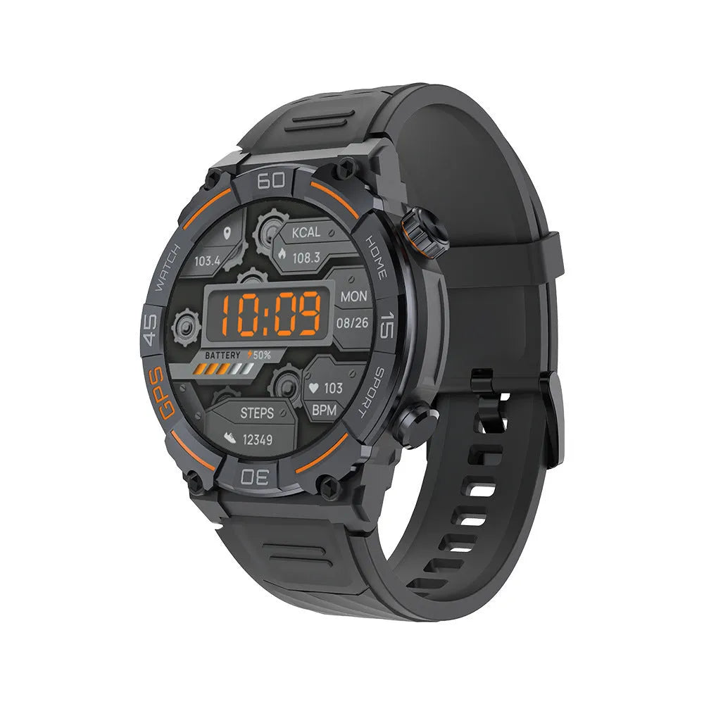 MG02 smartwatch with Bluetooth calling and health monitoring functions in black, khaki or silver orange colours