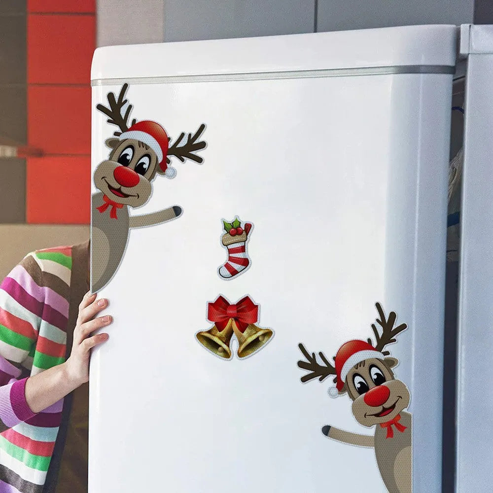 Cartoon Christmas elk bell design magnetic car bumper sticker with luminous reflective finish.