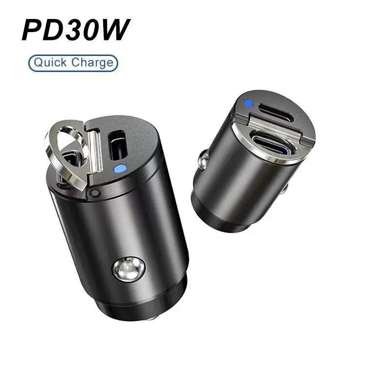 Mini 30W car cigarette lighter charger in zinc alloy housing with PD and QC fast charging