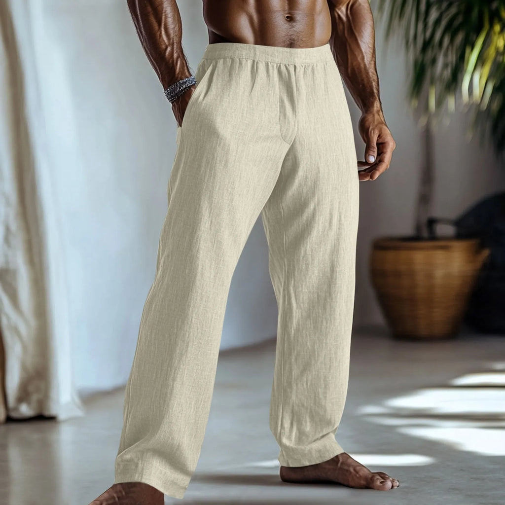 Straight-leg cotton linen trousers in British style with pockets in seven colour options