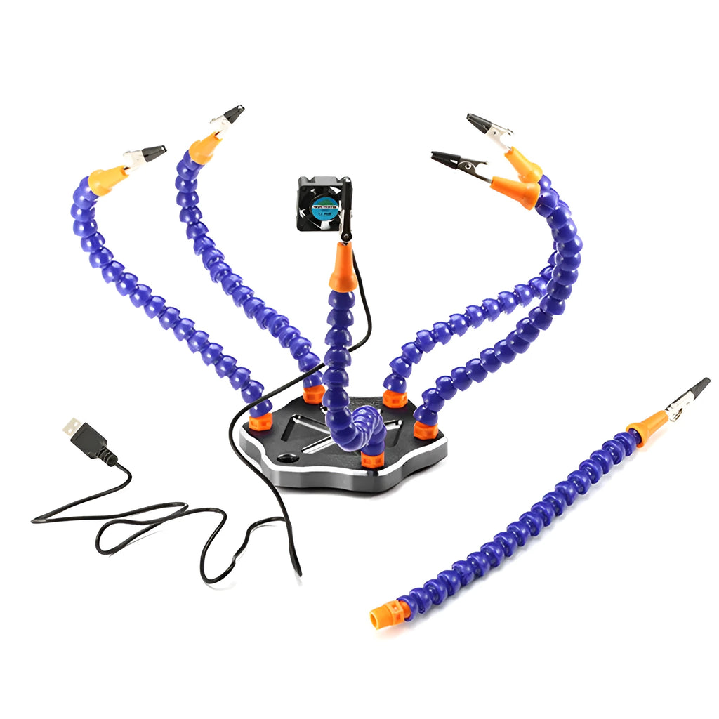 Aluminium alloy model welding station with six adjustable arms and a rotating chuck on a black base.