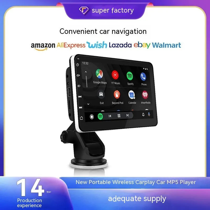 7 inch car GPS navigation unit with OLED display showing map, featuring wireless CarPlay and reversing camera connectivity