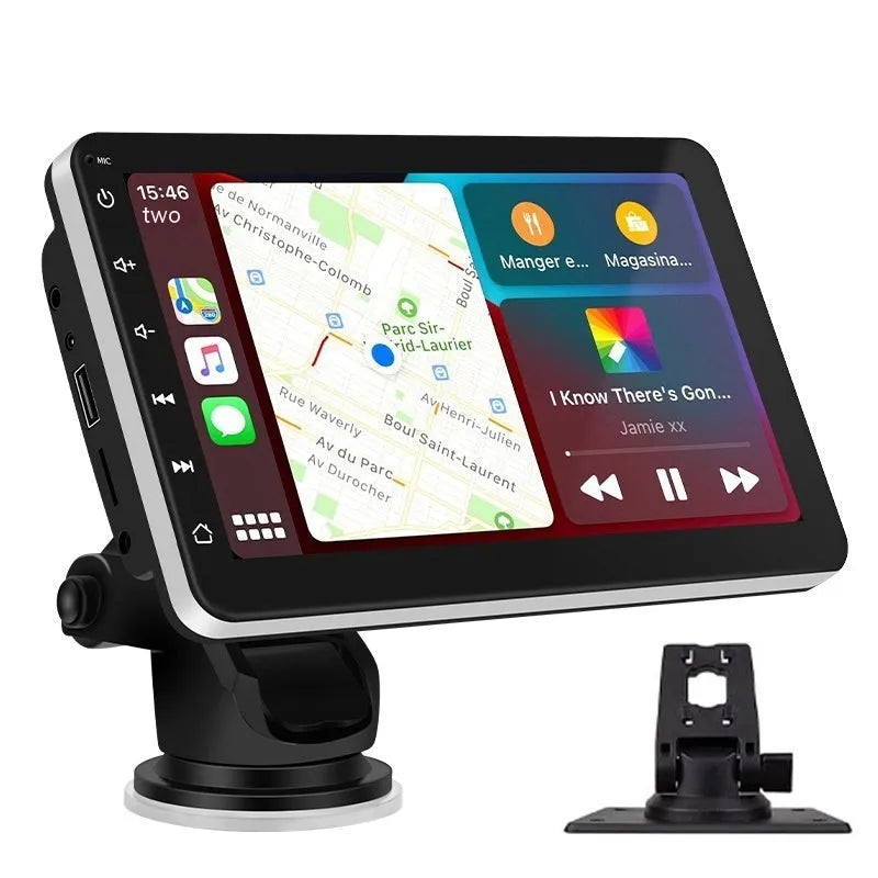 7 inch car GPS navigation unit with OLED display showing map, featuring wireless CarPlay and reversing camera connectivity