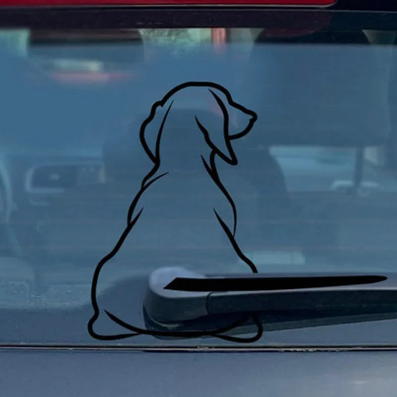 Cartoon dog design car sticker for rear window portraying a wiper, in black or white.