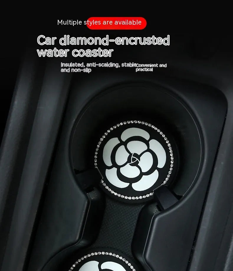 PVC car cup holder mat with decorative coaster design inserted in vehicle drink slot