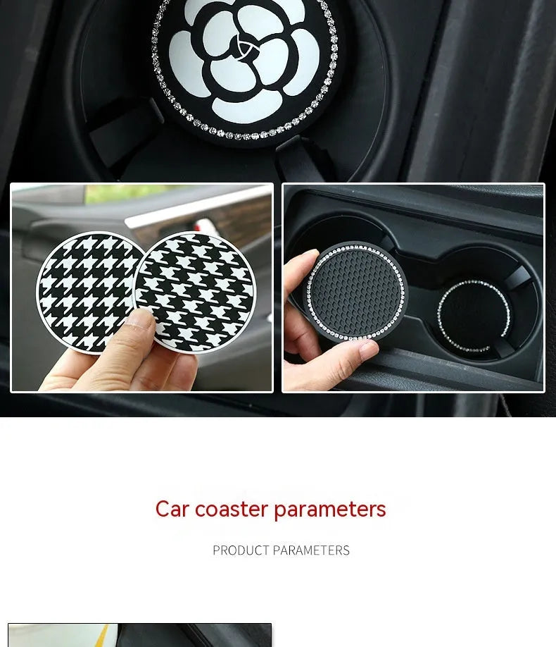 PVC car cup holder mat with decorative coaster design inserted in vehicle drink slot