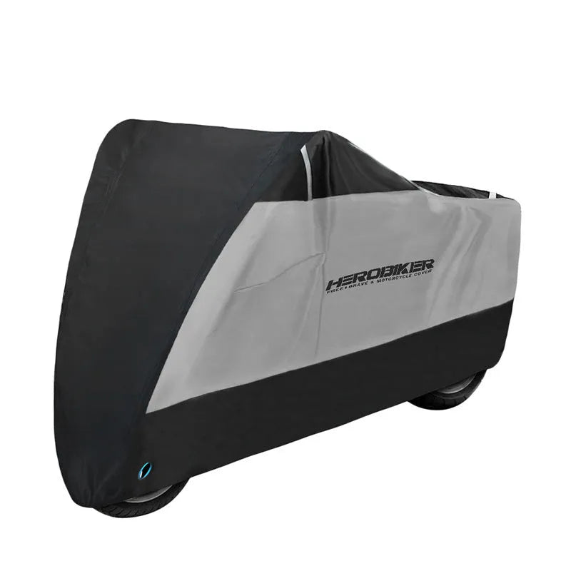 Black polyester motorcycle rain cover shown fitted over a bike, with size and colour options displayed.