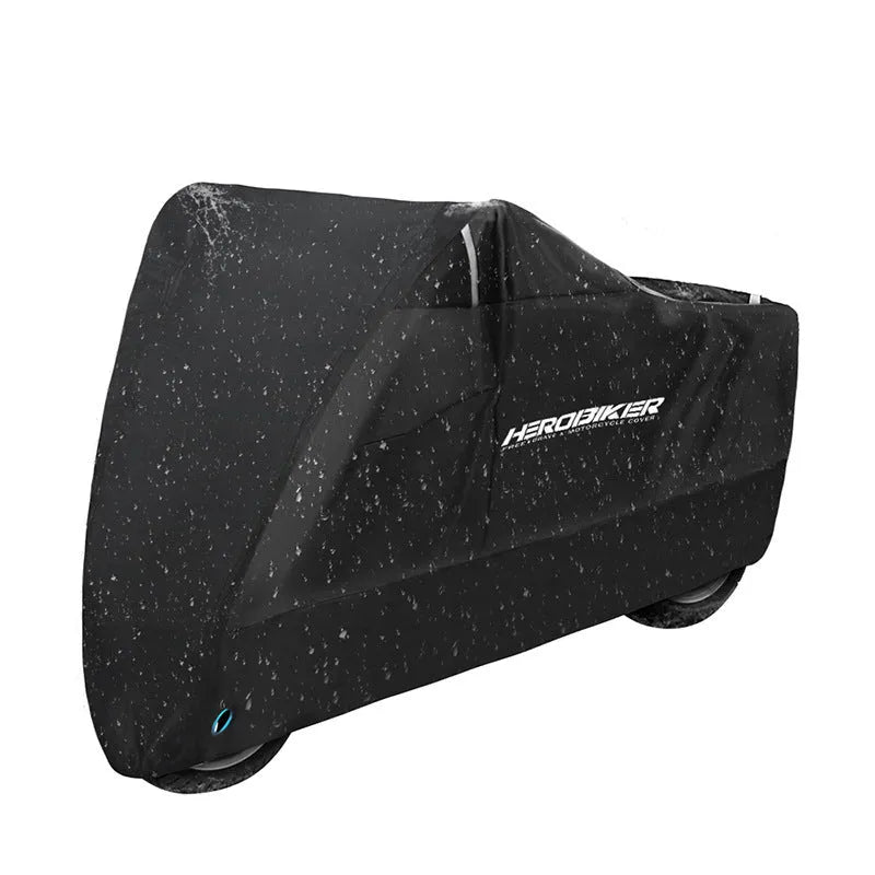 Black polyester motorcycle rain cover shown fitted over a bike, with size and colour options displayed.