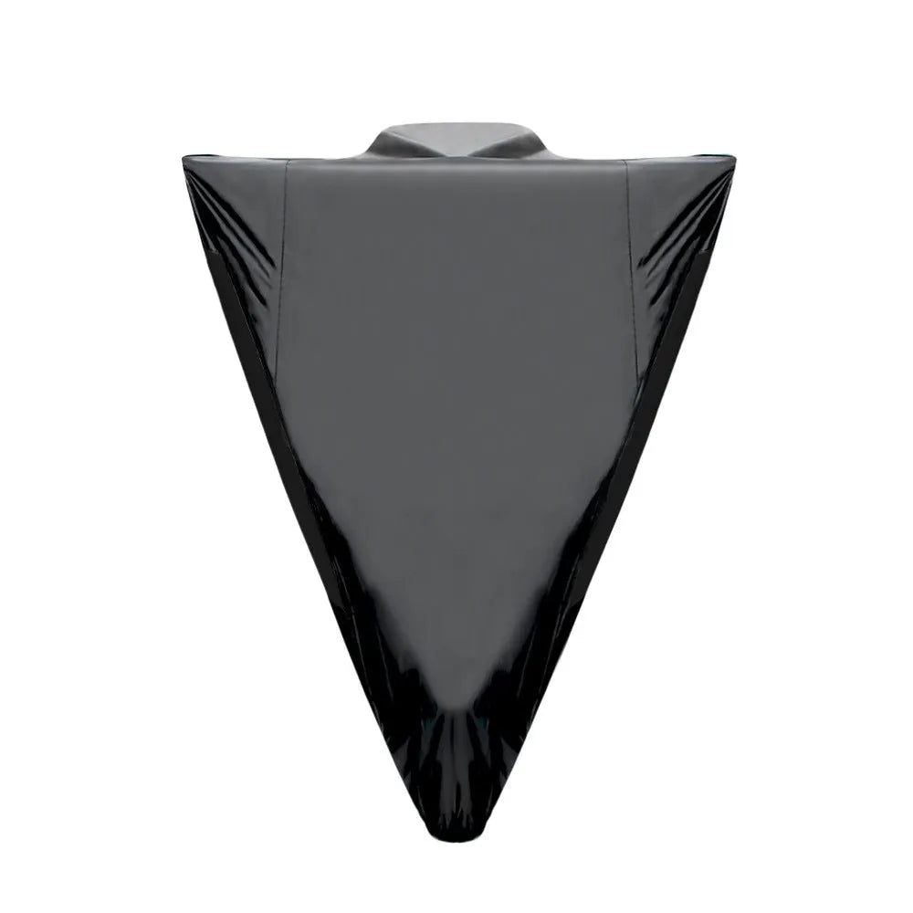 Black polyester motorcycle rain cover shown fitted over a bike, with size and colour options displayed.
