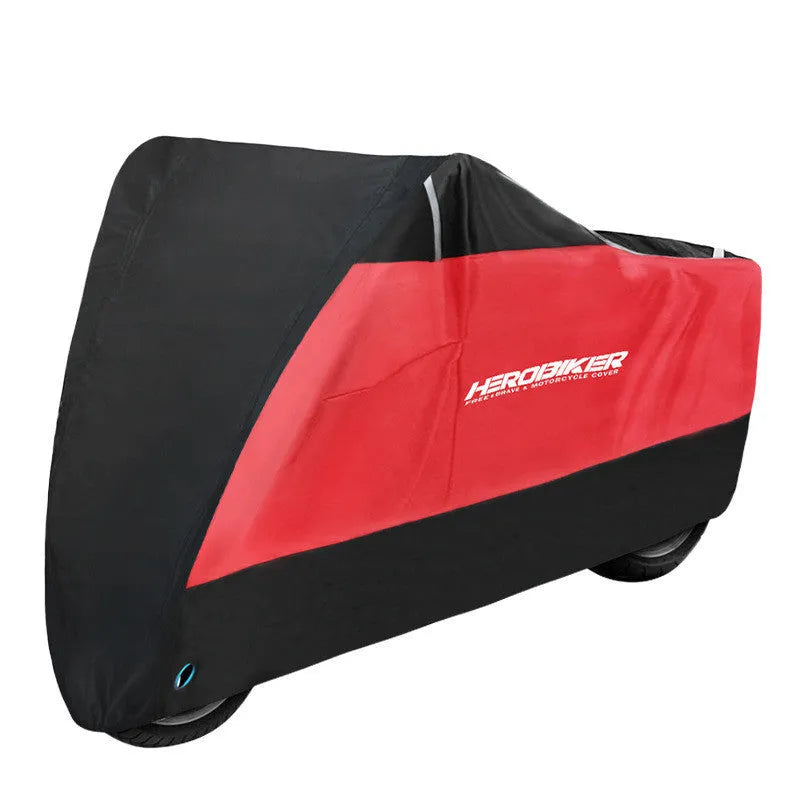 Black polyester motorcycle rain cover shown fitted over a bike, with size and colour options displayed.