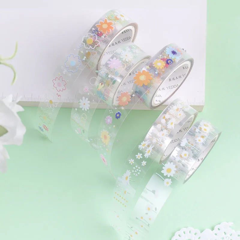 Transparent adhesive tape with midsummer daisy cartoon pattern, 1.5cm width decorative tape