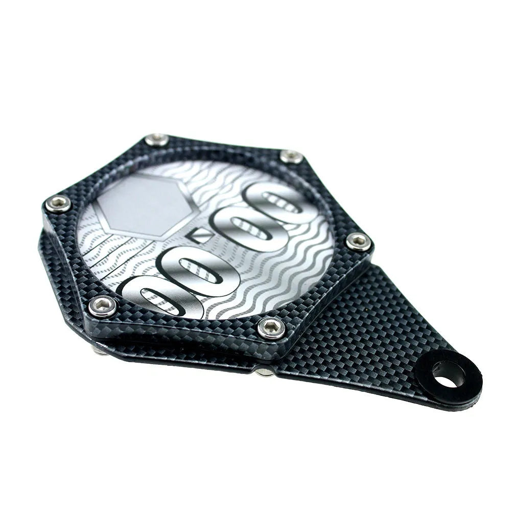 Black carbon fibre pattern motorcycle tax disc holder with metal alloy construction