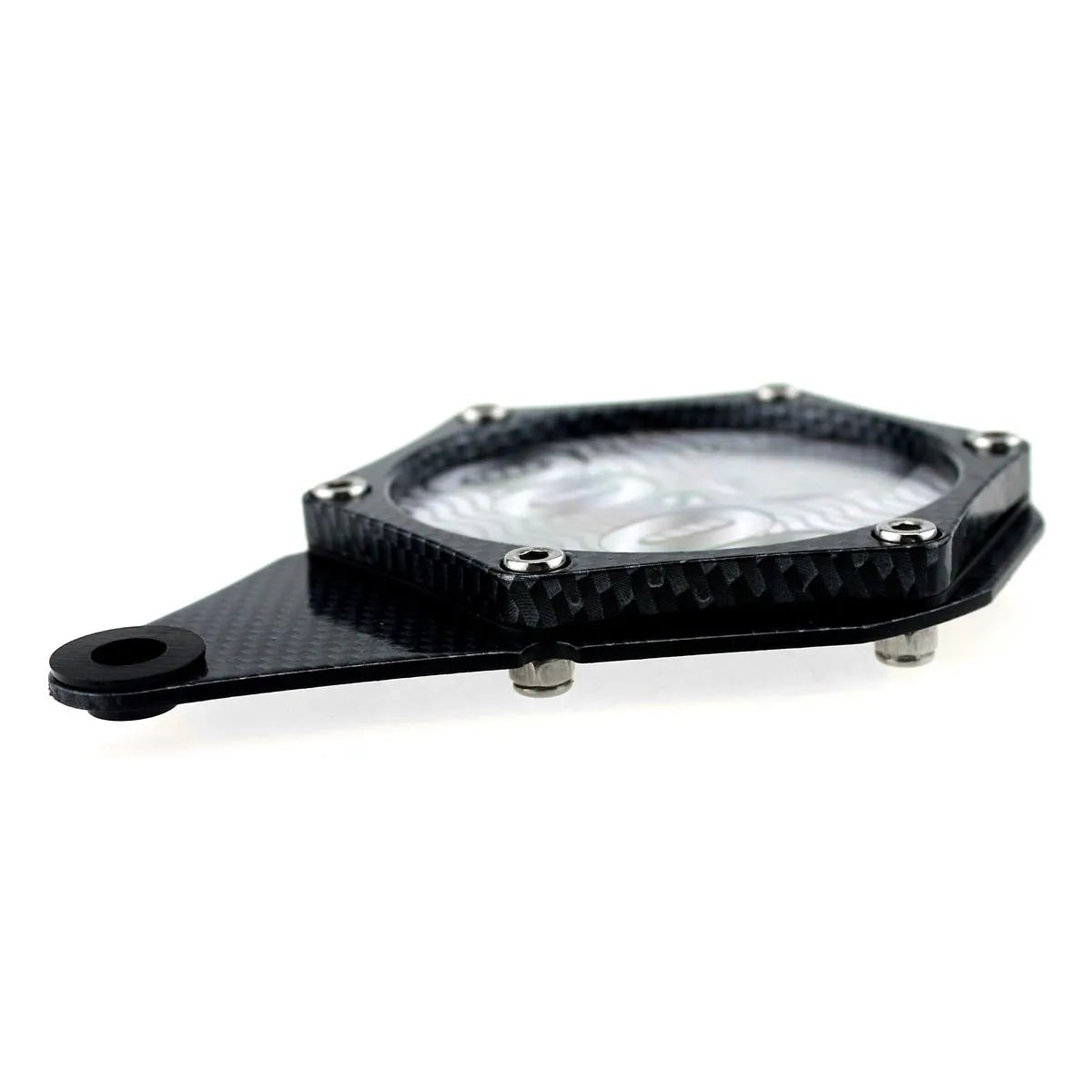 Black carbon fibre pattern motorcycle tax disc holder with metal alloy construction