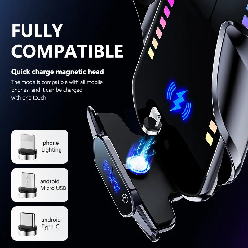 Car mobile phone holder with wireless charging and electric clamping in silver finish