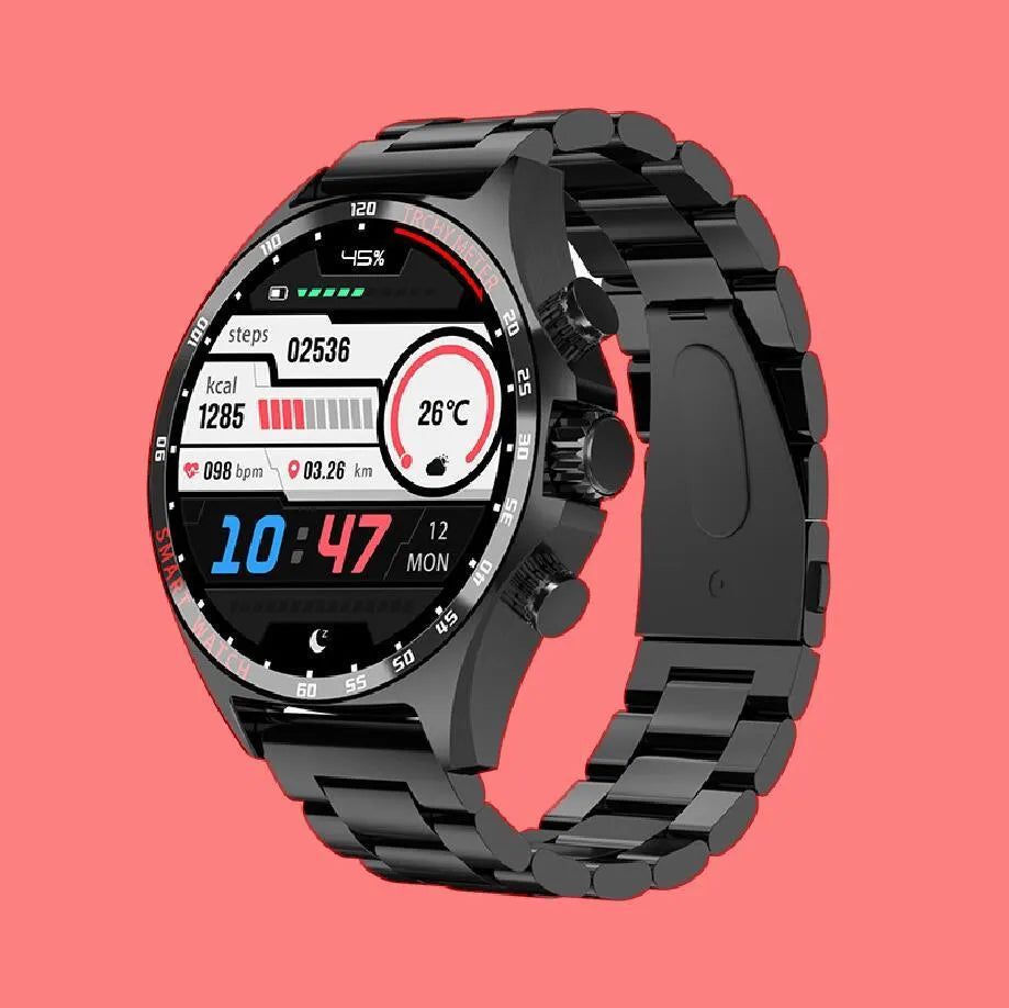 Smart watch with TFT touch screen showing health metrics display in black silver or gold colour