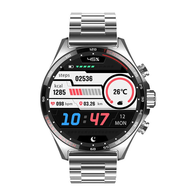 Smart watch with TFT touch screen showing health metrics display in black silver or gold colour