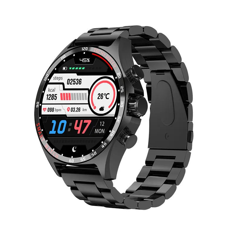 Smart watch with TFT touch screen showing health metrics display in black silver or gold colour