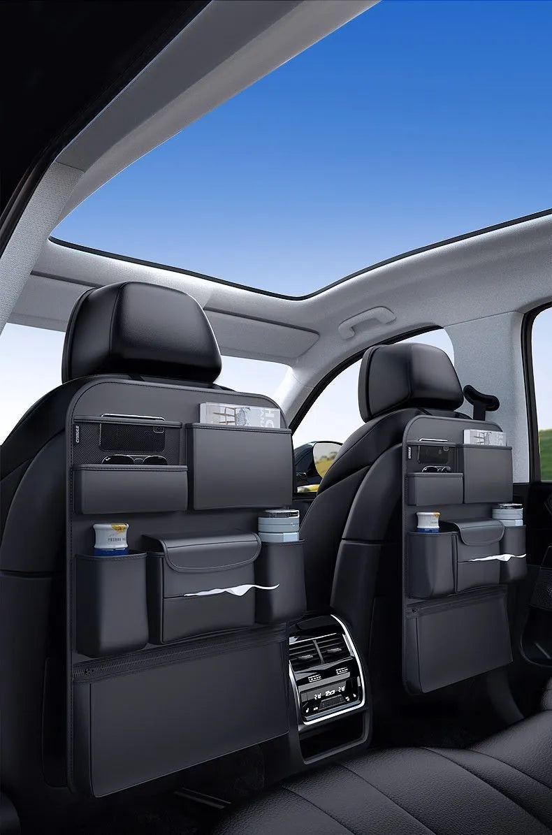 Black leather hanging storage bag for the back of a car seat