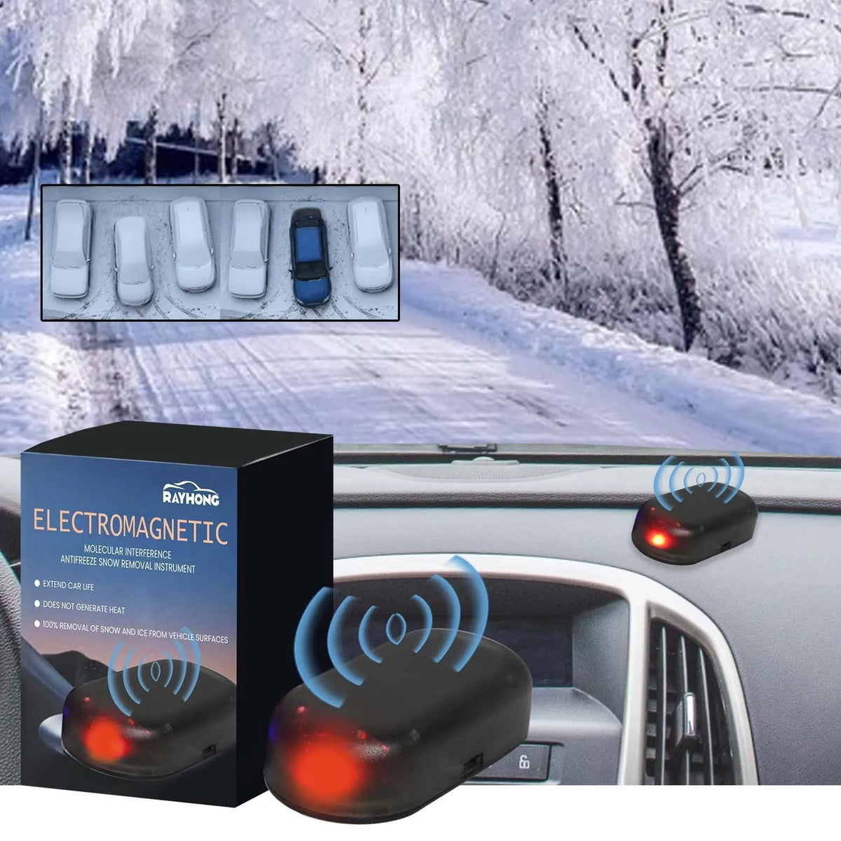 Black handheld car deicer and snow melting tool on car dashboard