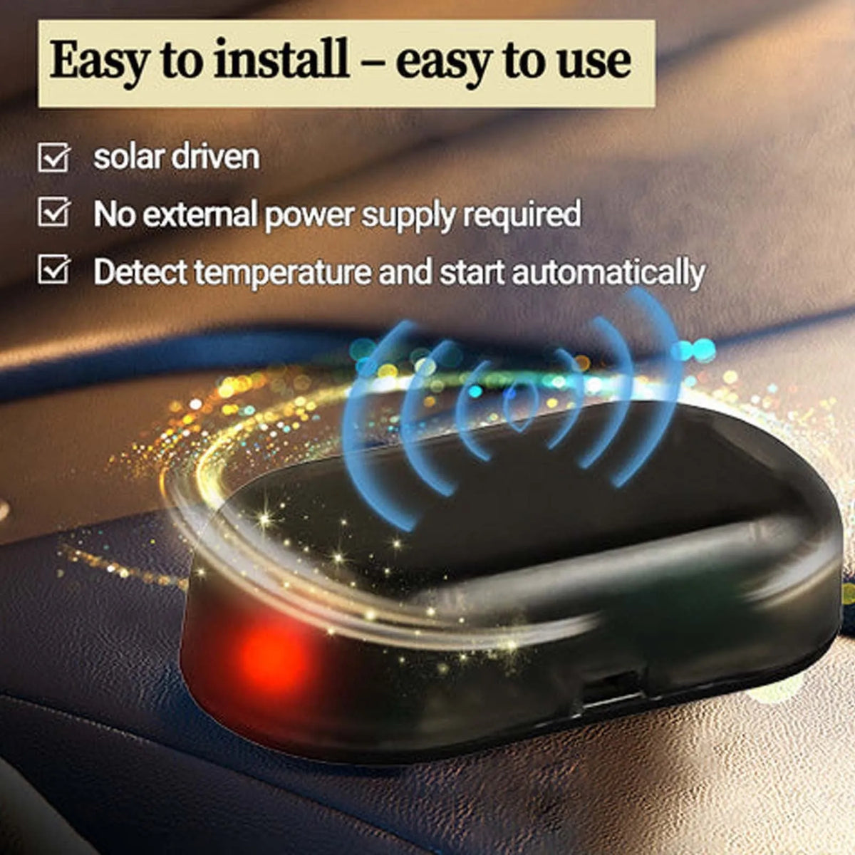 Black handheld car deicer and snow melting tool on car dashboard