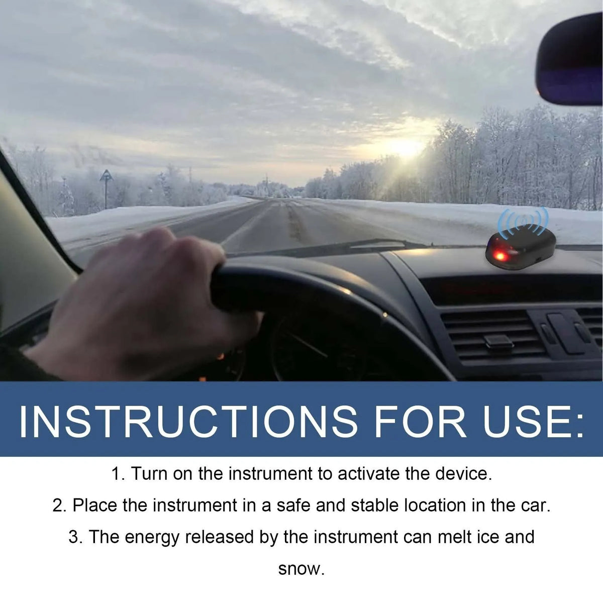 Black handheld car deicer and snow melting tool on car dashboard