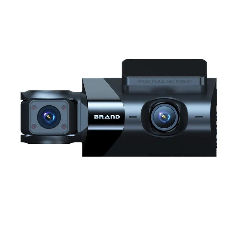 Black dash cam with 5-inch screen mounted on car windscreen bracket