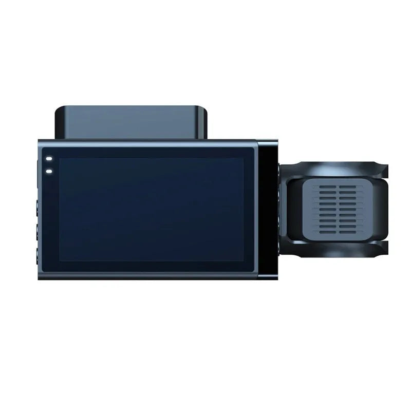 Black dash cam with 5-inch screen mounted on car windscreen bracket