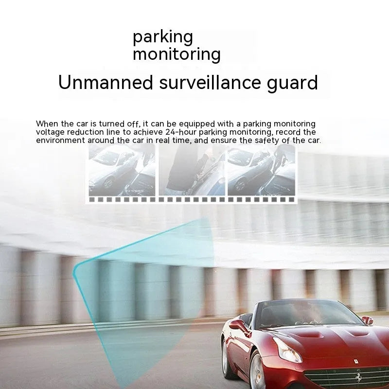 Black dash cam with 5-inch screen mounted on car windscreen bracket