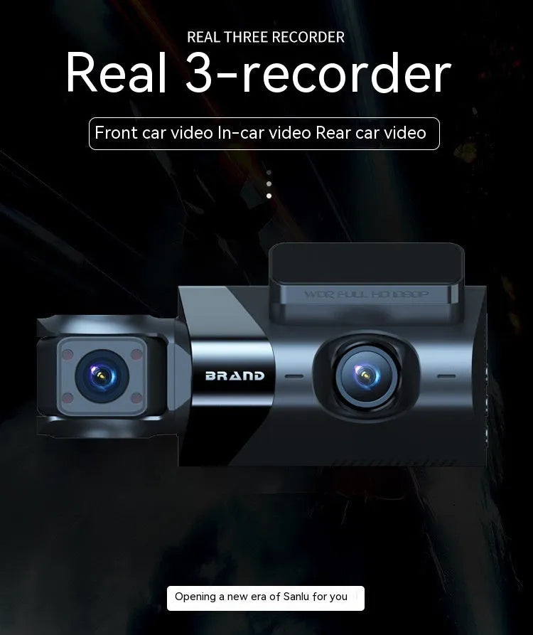 Black dash cam with 5-inch screen mounted on car windscreen bracket