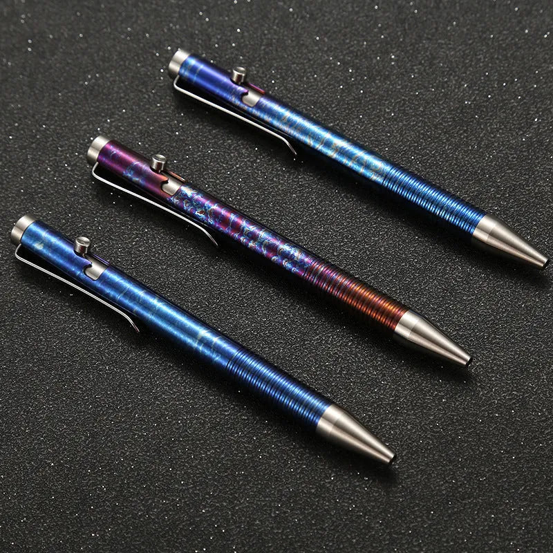 Titanium alloy bolt handle ball pen with phantom colour finish showing dimensions