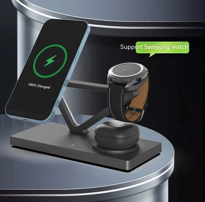 White five-in-one wireless charging night lamp showing magnetic phone bracket, watch pad, and circular base station.