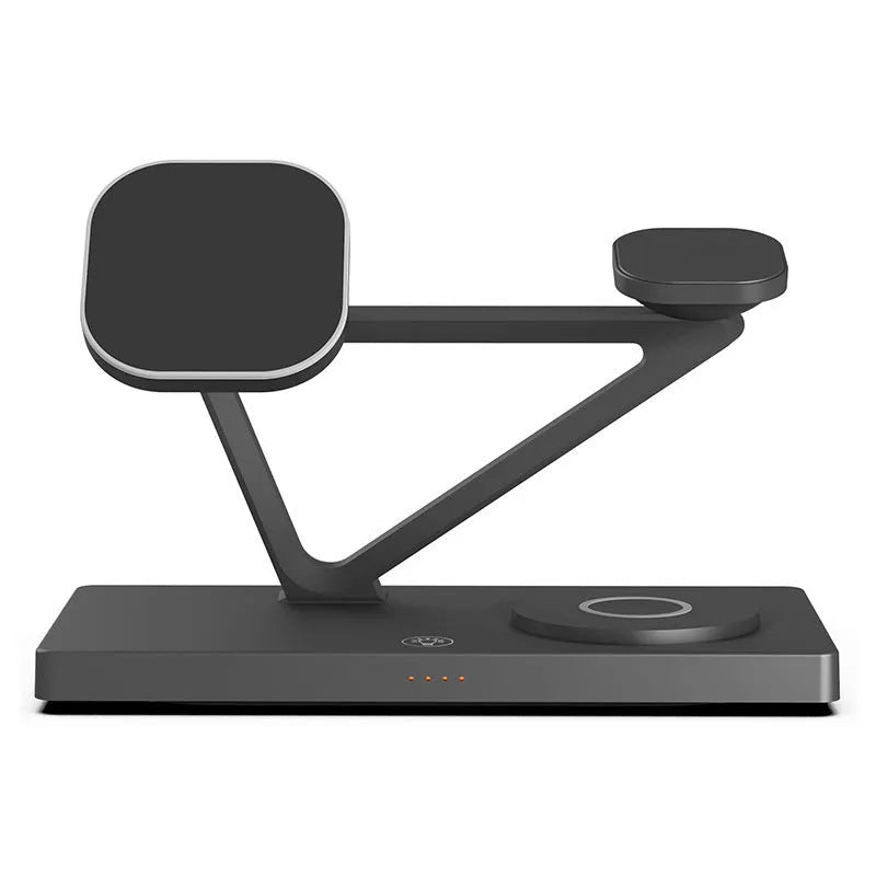 White five-in-one wireless charging night lamp showing magnetic phone bracket, watch pad, and circular base station.