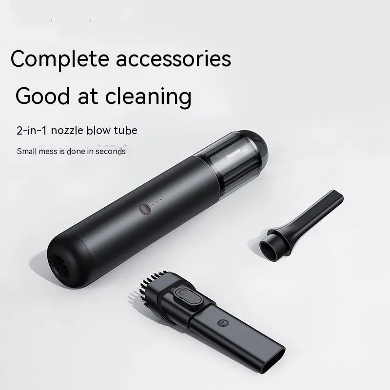Black BASEUS A3 wireless car vacuum cleaner with cylindrical design and Type-C charging port.