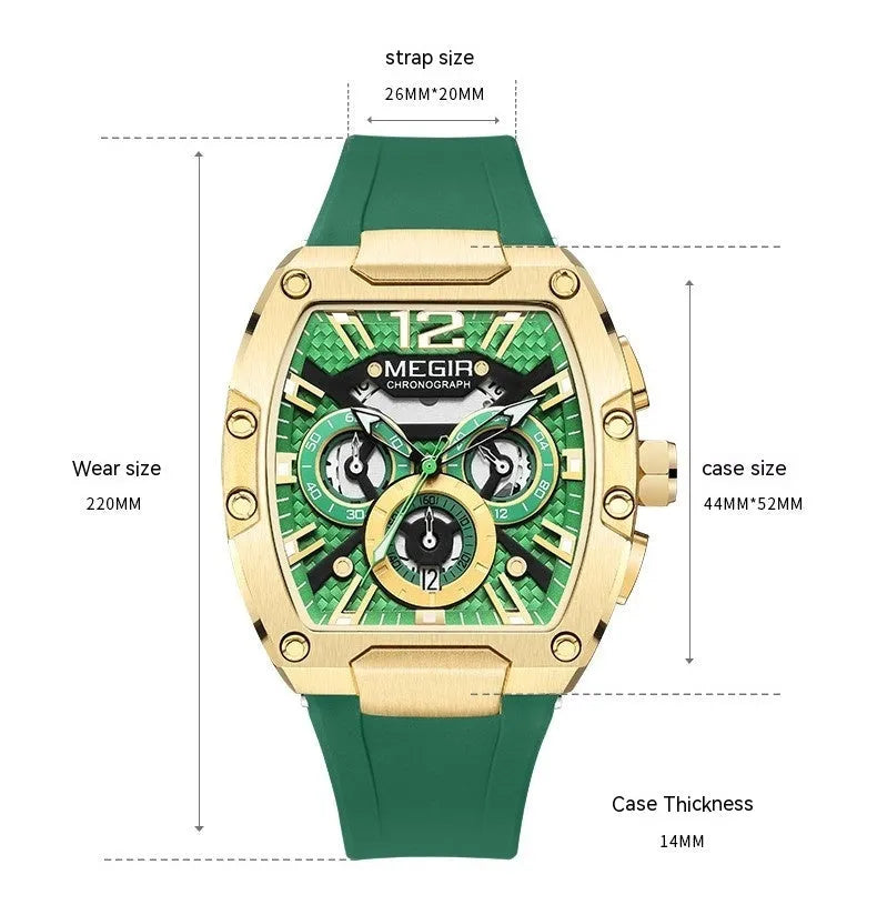 Men's sports watch with 44mm dial, 14mm thickness, wine barrel design, available in four colour combinations.