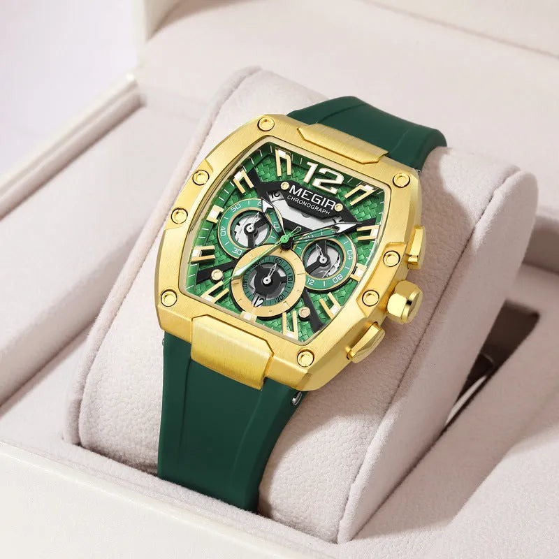 Men's sports watch with 44mm dial, 14mm thickness, wine barrel design, available in four colour combinations.