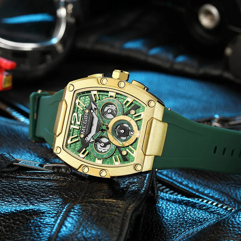 Men's sports watch with 44mm dial, 14mm thickness, wine barrel design, available in four colour combinations.