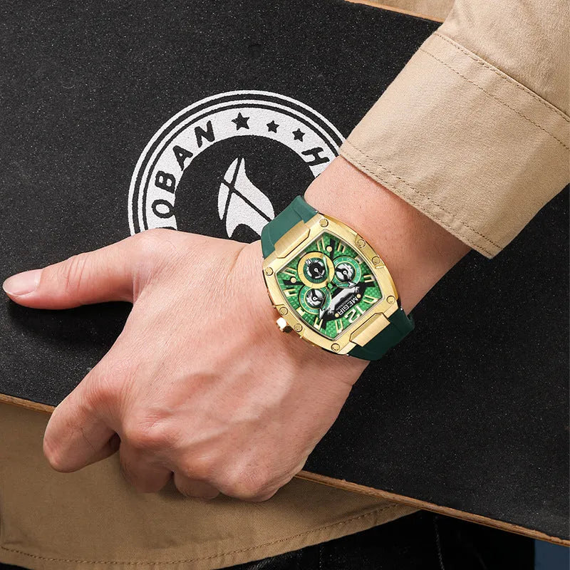 Men's sports watch with 44mm dial, 14mm thickness, wine barrel design, available in four colour combinations.