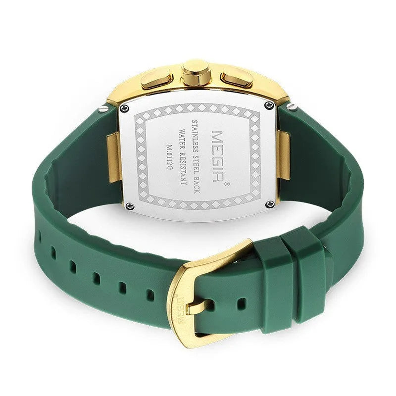 Men's sports watch with 44mm dial, 14mm thickness, wine barrel design, available in four colour combinations.