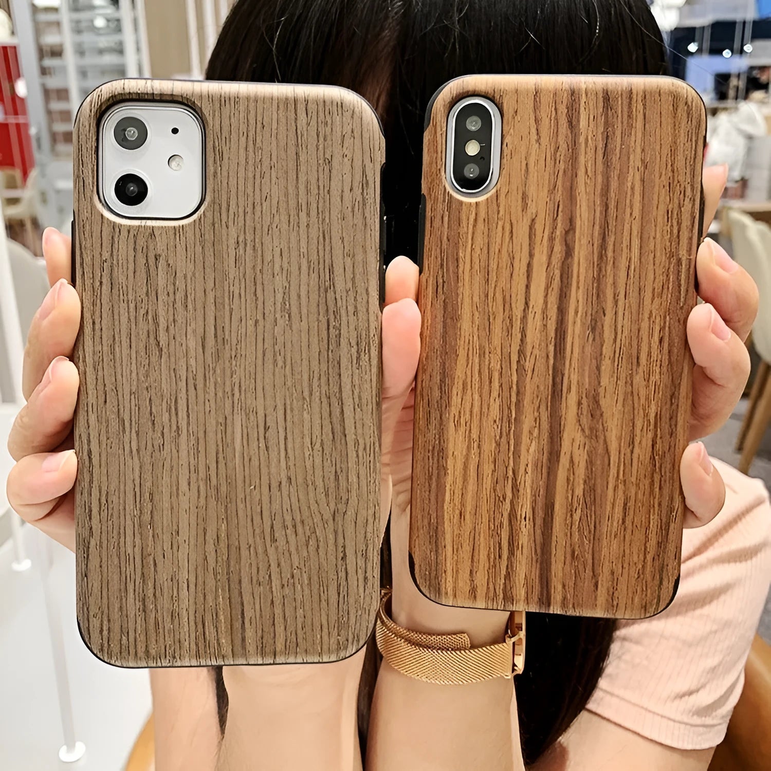 Wooden iPhone back cover in rosewood, teak, black rose and walnut finishes showing natural grain patterns