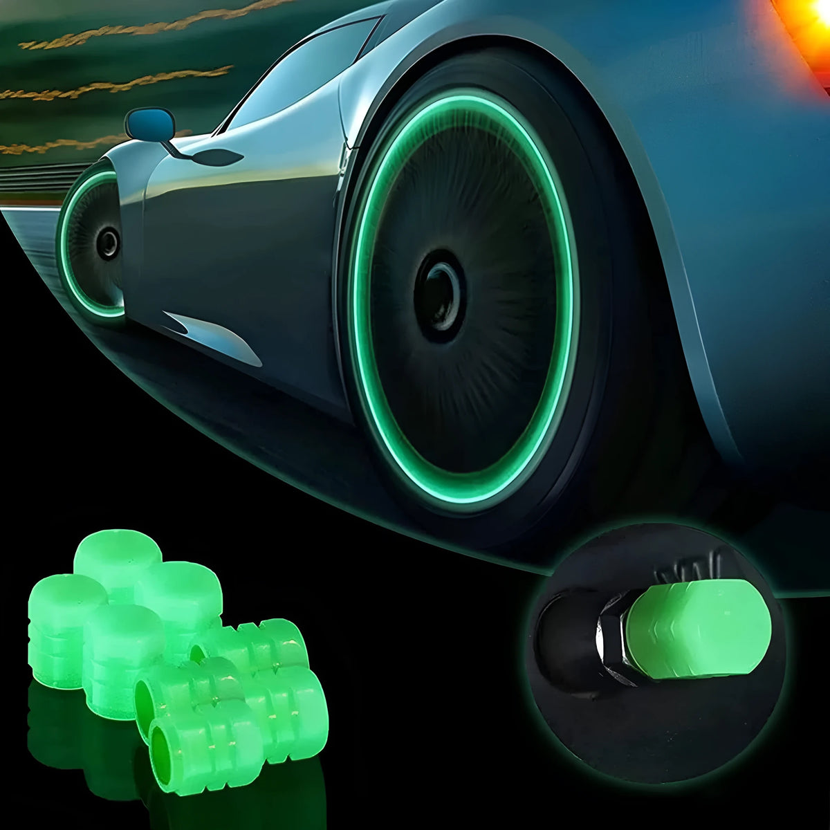 Set of luminous green rubber tyre valve caps on a car wheel valve stem, glowing in low light.
