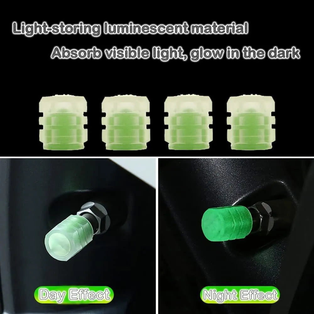 Set of luminous green rubber tyre valve caps on a car wheel valve stem, glowing in low light.
