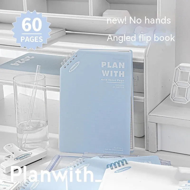 Oblique angle artsy ins style notebook in A5 and B5 sizes with white or plaid blue cover options.