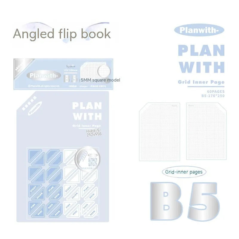 Oblique angle artsy ins style notebook in A5 and B5 sizes with white or plaid blue cover options.