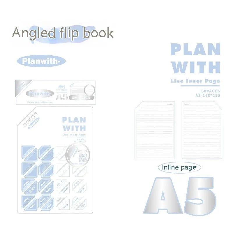 Oblique angle artsy ins style notebook in A5 and B5 sizes with white or plaid blue cover options.