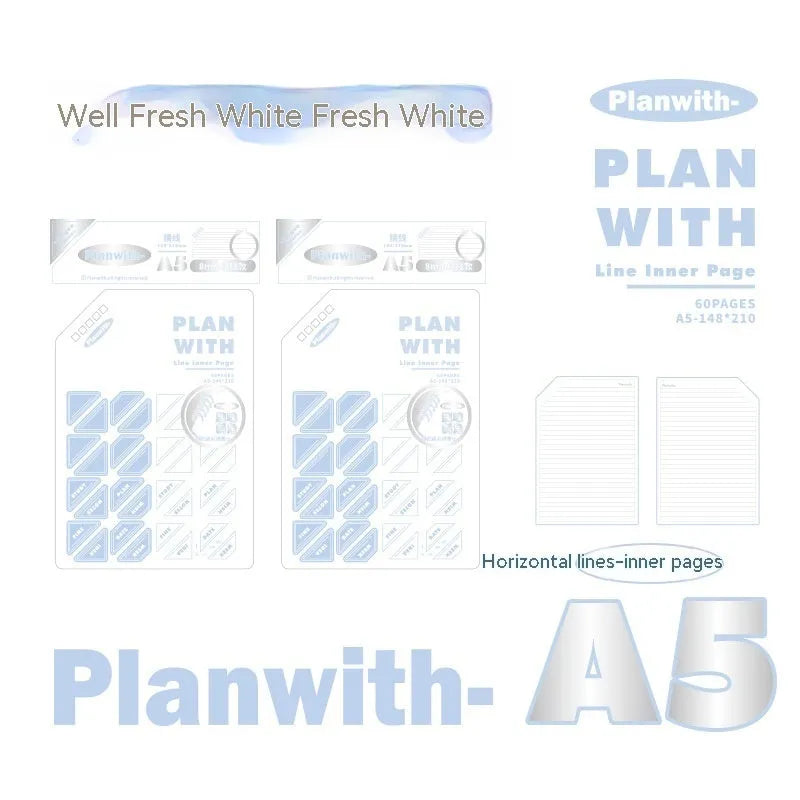 Oblique angle artsy ins style notebook in A5 and B5 sizes with white or plaid blue cover options.